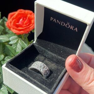 Pandora Shimmering Leaves CZ Sterling Silver 925 Wide Cigar Band Ring